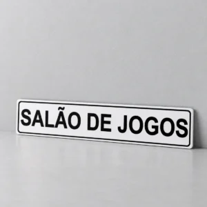 Salão de Jogos — placa PVC em perspectiva, sem furos