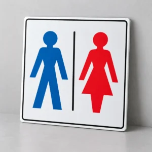 Sanitários Feminino e Masculino — placa PVC em perspectiva, sem furos