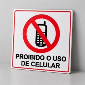 Proibido o Uso de Celular — placa PVC em perspectiva, sem furos