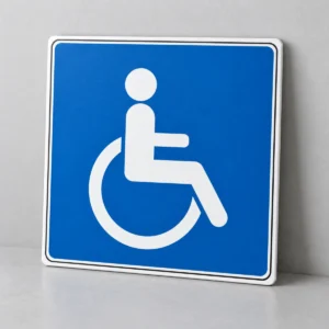 Acessibilidade — placa PVC em perspectiva, sem furos