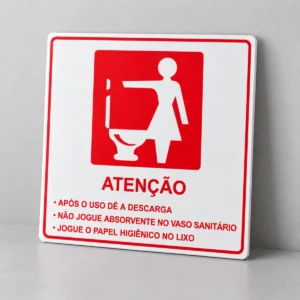 Atenção - Descarte no Lixo — placa PVC em perspectiva, sem furos