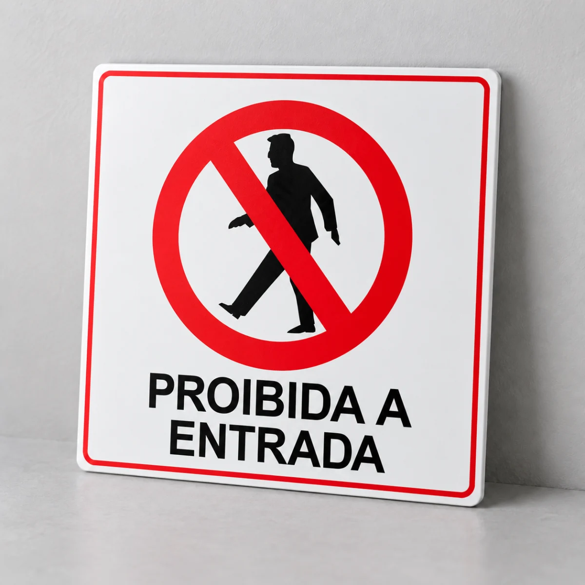 Proibida a Entrada — placa PVC em perspectiva, sem furos