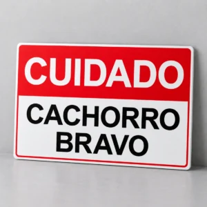 Cuidado - Cachorro Bravo — placa PVC em perspectiva, sem furos