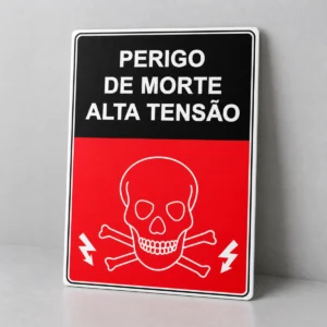 Perigo de Morte - Alta Tensão — placa PVC em perspectiva, sem furos