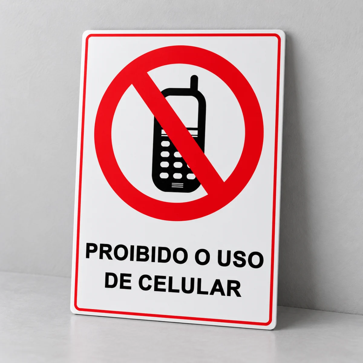 Proibido o Uso de Celular — placa PVC em perspectiva, sem furos