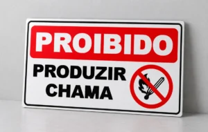 Proibido Produzir Chama — placa PVC em perspectiva, sem furos