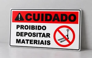 Proibido Depositar Materiais — placa PVC em perspectiva, sem furos